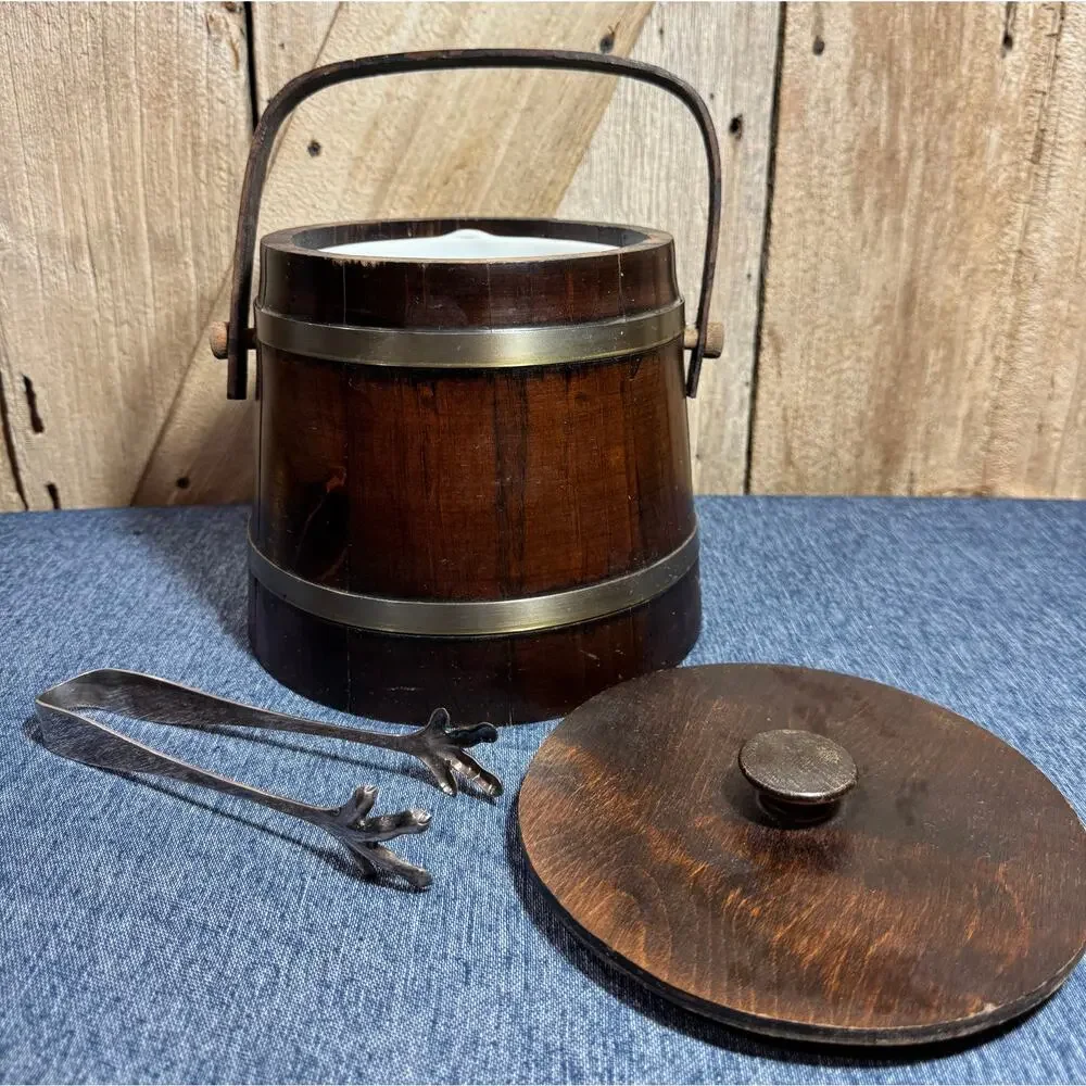 Vtg MCM Firkin Wood Ice Bucket by Putney Vermont Basketville Handle, Lid & Liner